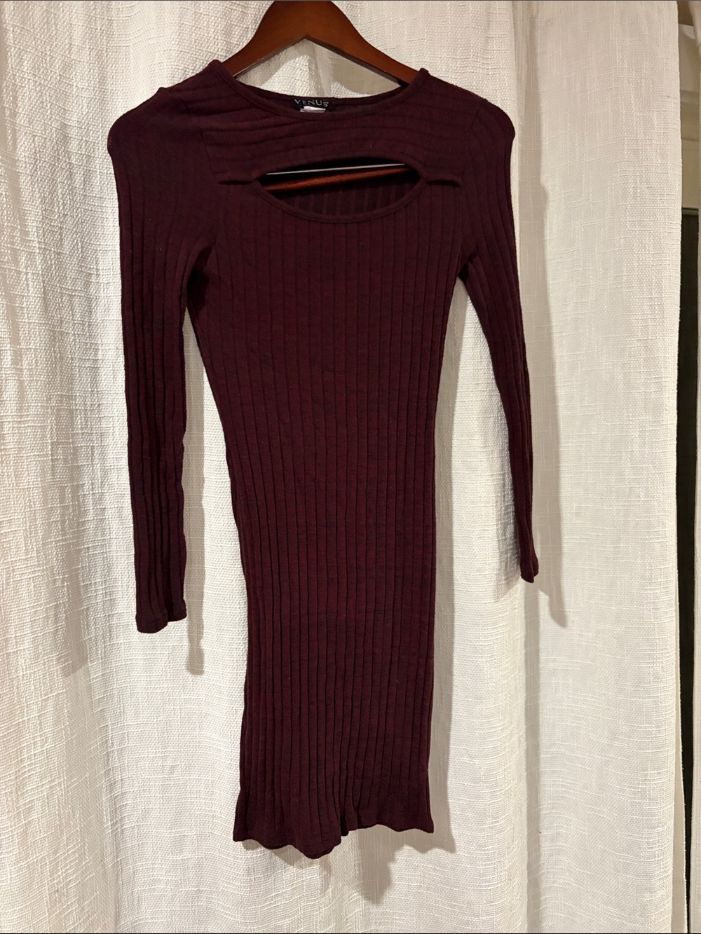 VENUS Wine Long Sleeve Ribbed Cutout Bodycon Dress